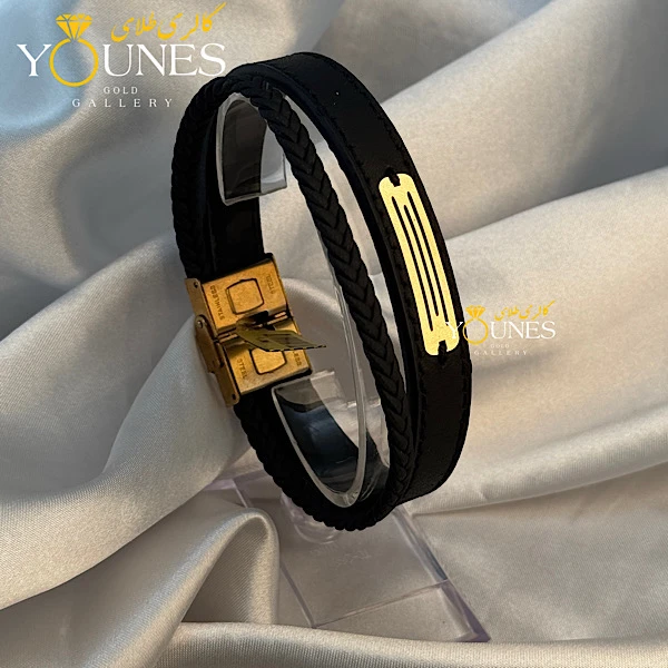 دستبند طلا مردانه چرم گیس بافت مشکی براق